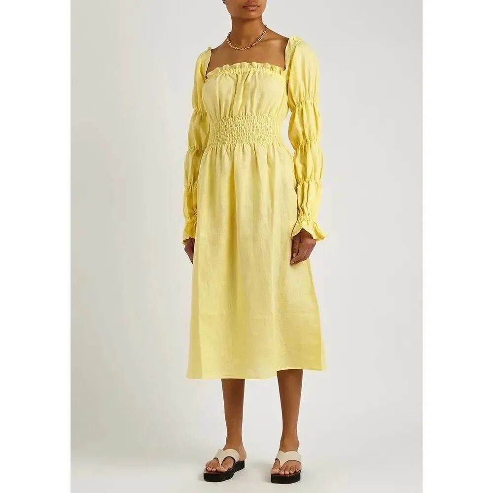 Sleeper Yellow Linen Midi Dress Smocked Square Neck Puff Sleeve Size M